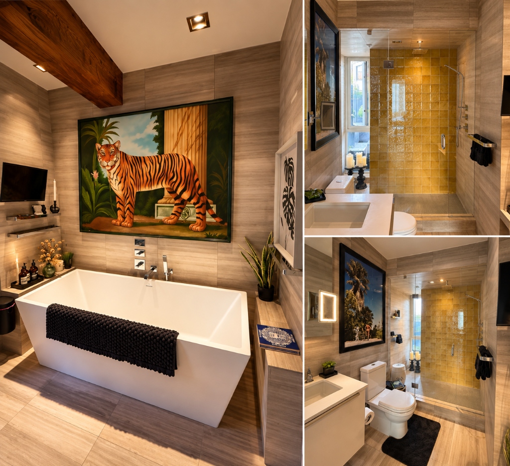 Spa bathroom with soaking tub, tiger art and rainfall shower
