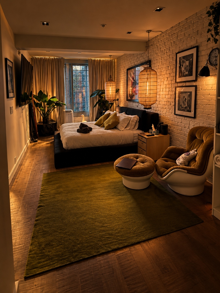 Primary bedroom in ambient evening lighting with brick wall and lanterns